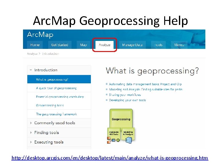 Arc. Map Geoprocessing Help http: //desktop. arcgis. com/en/desktop/latest/main/analyze/what-is-geoprocessing. htm 