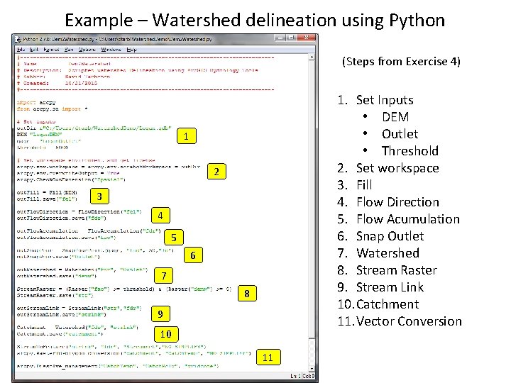 Example – Watershed delineation using Python (Steps from Exercise 4) 1. Set Inputs •