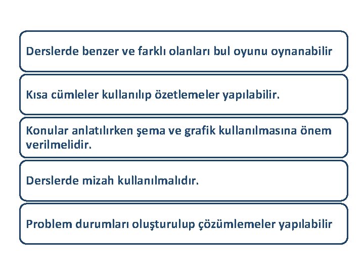 Derslerde benzer ve farklı olanları bul oyunu oynanabilir Kısa cümleler kullanılıp özetlemeler yapılabilir. Konular