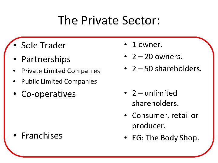 The Private Sector: • Sole Trader • Partnerships • Private Limited Companies • Public