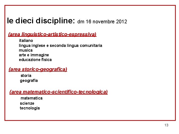 le dieci discipline: dm 16 novembre 2012 (area linguistico-artistico-espressiva) italiano lingua inglese e seconda