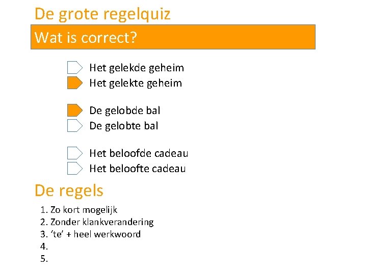 De grote regelquiz Wat is correct? Het gelekde geheim Het gelekte geheim De gelobde