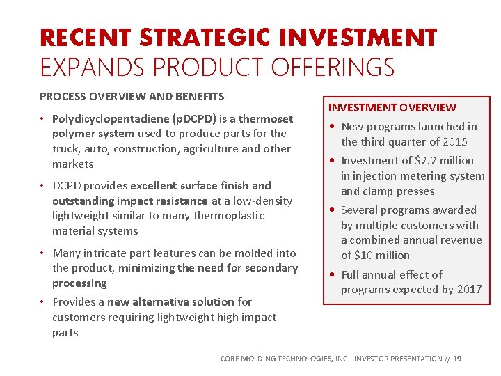 RECENT STRATEGIC INVESTMENT EXPANDS PRODUCT OFFERINGS PROCESS OVERVIEW AND BENEFITS • Polydicyclopentadiene (p. DCPD)