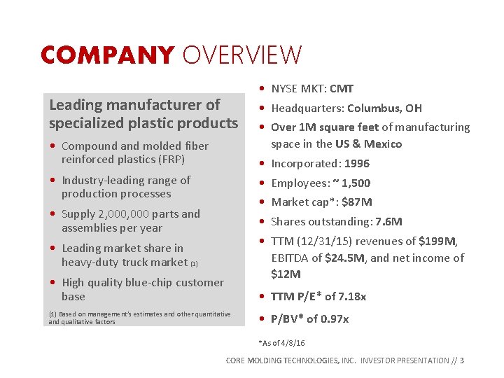 COMPANY OVERVIEW Leading manufacturer of specialized plastic products • Compound and molded fiber reinforced