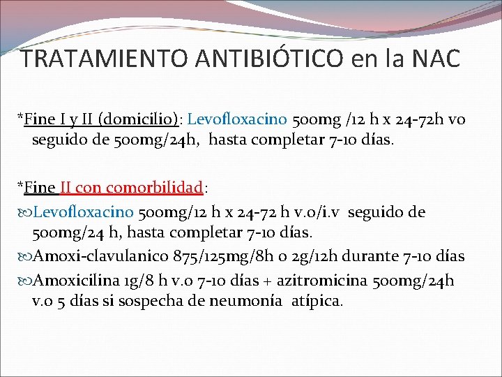 TRATAMIENTO ANTIBIÓTICO en la NAC *Fine I y II (domicilio): Levofloxacino 500 mg /12