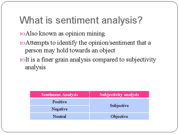 What is sentiment analysis? Also known as opinion mining Attempts to identify the opinion/sentiment
