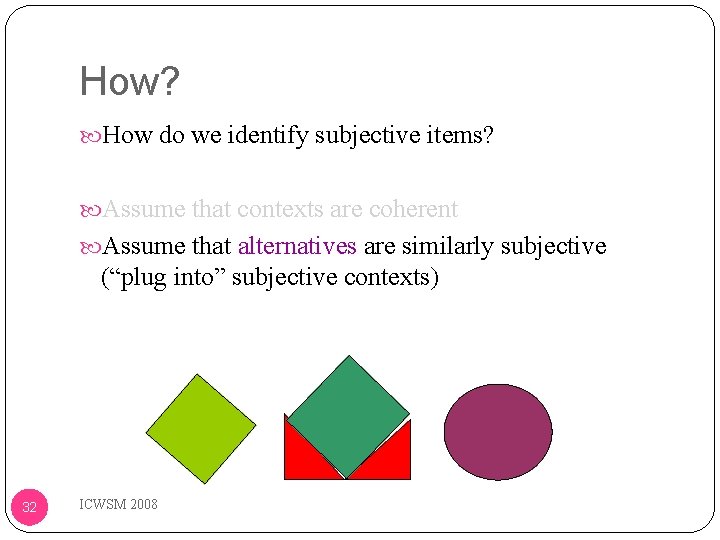 How? How do we identify subjective items? Assume that contexts are coherent Assume that