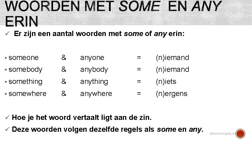 ü Er zijn een aantal woorden met some of any erin: • someone &