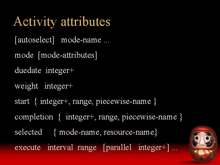 Activity attributes [autoselect] mode-name. . . mode [mode-attributes] duedate integer+ weight integer+ start {