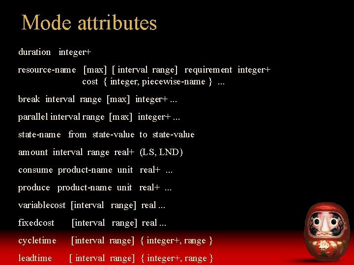 Mode attributes duration integer+ resource-name [max] [ interval range] requirement integer+ cost { integer,