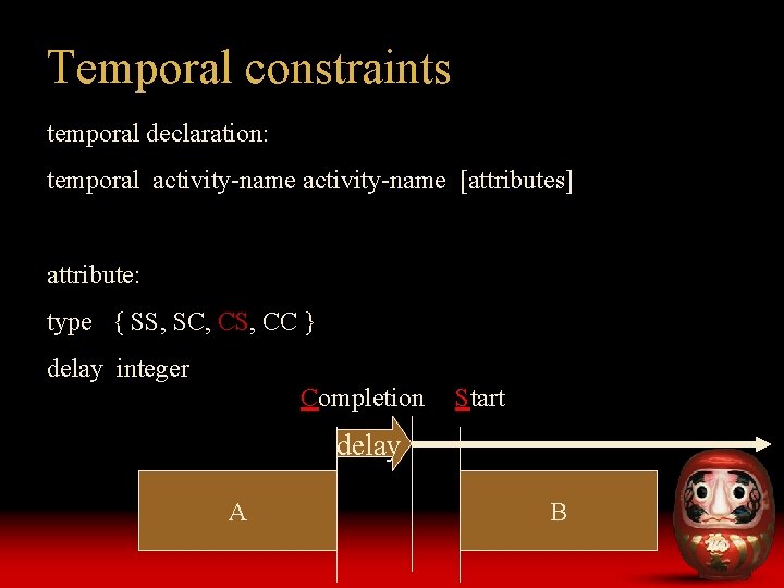 Temporal constraints temporal declaration: temporal activity-name [attributes] attribute: type { SS, SC, CS, CC