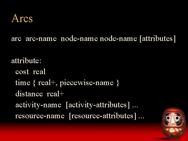 Arcs arc-name node-name [attributes] attribute: cost real time { real+, piecewise-name } distance real+