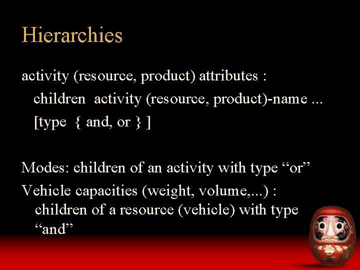 Hierarchies activity (resource, product) attributes : children activity (resource, product)-name. . . [type {