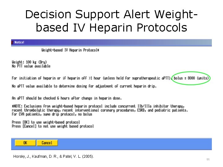 Decision Support Alert Weightbased IV Heparin Protocols Horsky, J. , Kaufman, D. R. ,