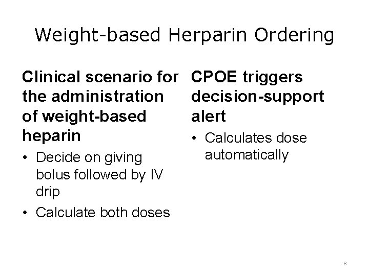 Weight-based Herparin Ordering Clinical scenario for the administration of weight-based heparin • Decide on