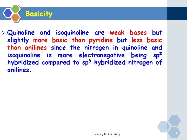 Basicity Ø Quinoline and isoquinoline are weak bases but slightly more basic than pyridine