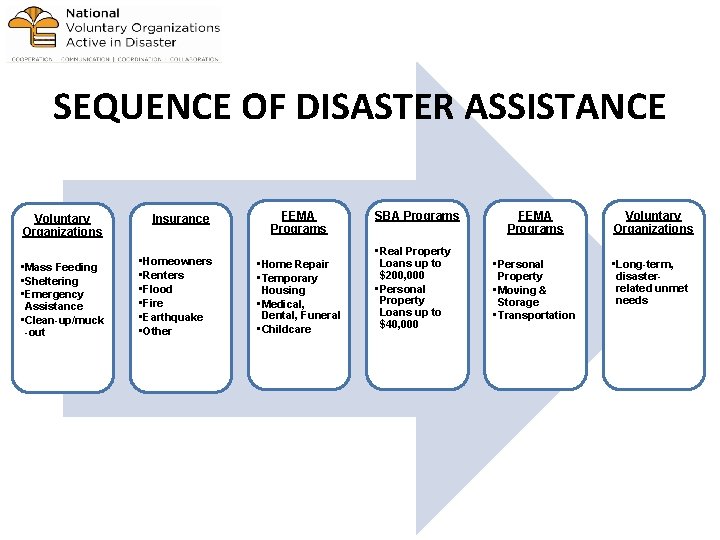 SEQUENCE OF DISASTER ASSISTANCE Voluntary Organizations Insurance • Mass Feeding • Sheltering • Emergency