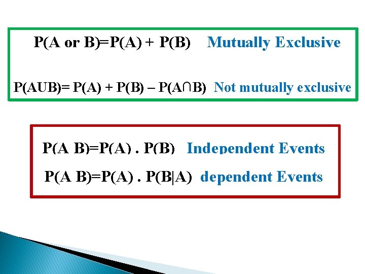 P(A or B)=P(A) + P(B) Mutually Exclusive P(AUB)= P(A) + P(B) – P(A∩B) Not