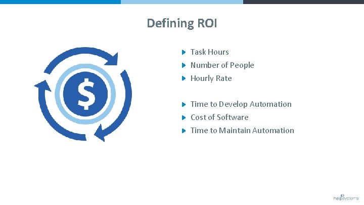 Defining ROI Task Hours Number of People Hourly Rate Time to Develop Automation Cost