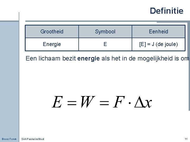 Definitie Grootheid Symbool Eenheid Energie E [E] = J (de joule) Een lichaam bezit