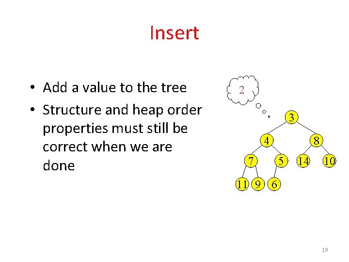 Insert • Add a value to the tree • Structure and heap order properties