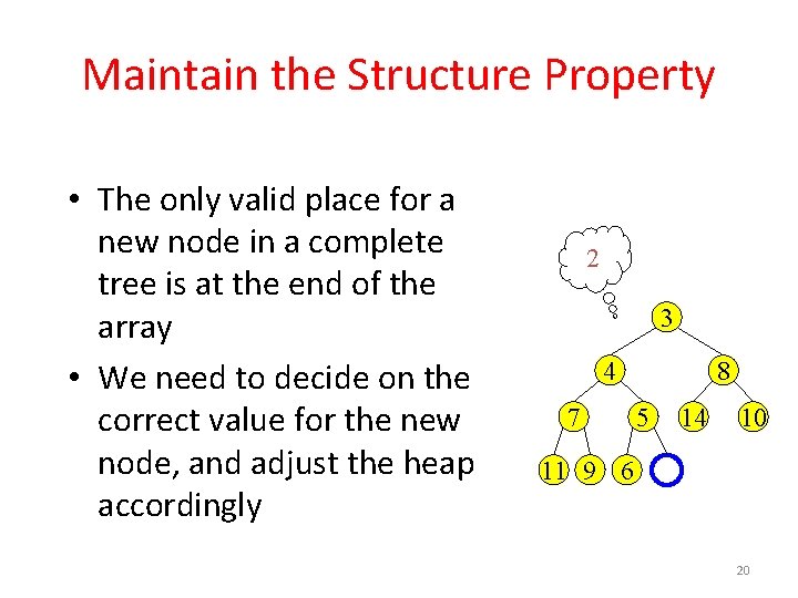 Maintain the Structure Property • The only valid place for a new node in