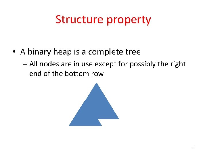 Structure property • A binary heap is a complete tree – All nodes are