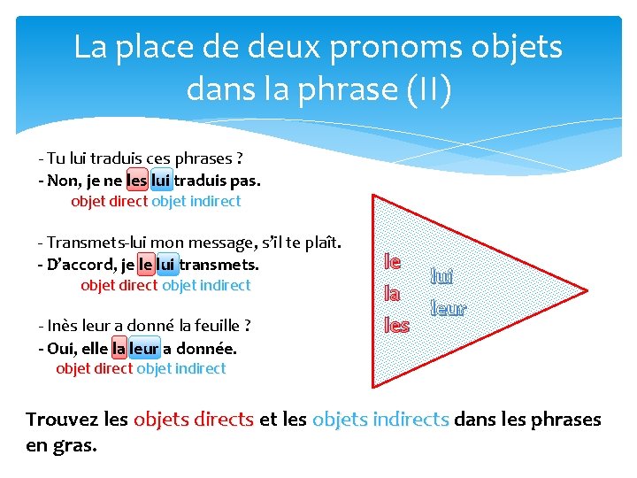 La place de deux pronoms objets dans la phrase (II) - Tu lui traduis La place de deux pronoms objets dans la phrase (II) - Tu lui traduis