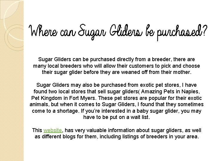 Sugar Gliders can be purchased directly from a breeder, there are many local breeders