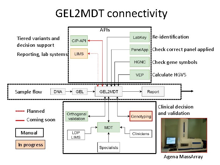 GEL 2 MDT connectivity APIs Tiered variants and decision support Reporting, lab systems Re-identification