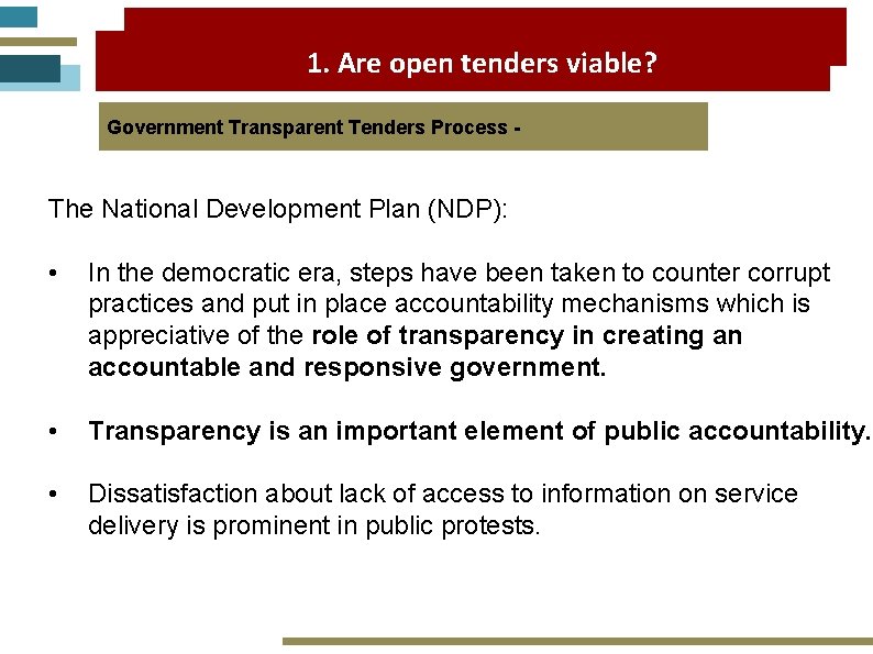 1. Are open tenders viable? Government Transparent Tenders Process - The National Development Plan