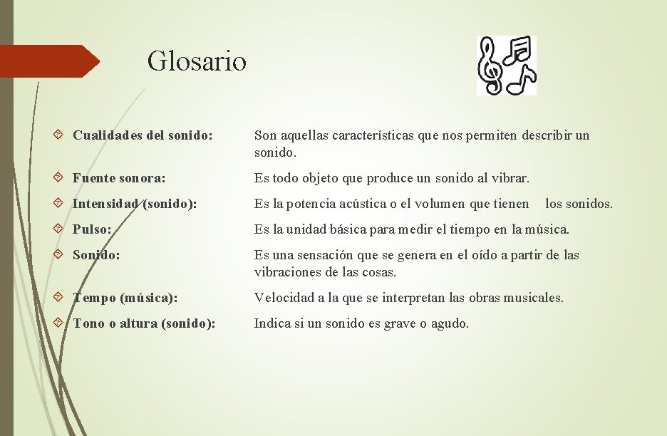 Glosario Cualidades del sonido: Son aquellas características que nos permiten describir un sonido. Fuente