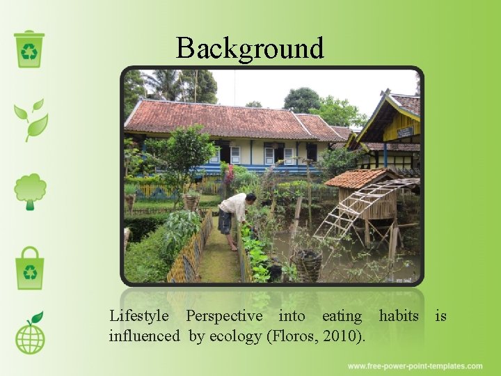 Background Lifestyle Perspective into eating habits influenced by ecology (Floros, 2010). is 