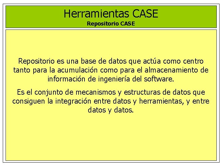 Herramientas CASE Repositorio es una base de datos que actúa como centro tanto para