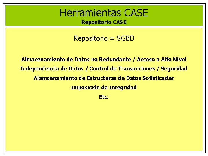 Herramientas CASE Repositorio = SGBD Almacenamiento de Datos no Redundante / Acceso a Alto