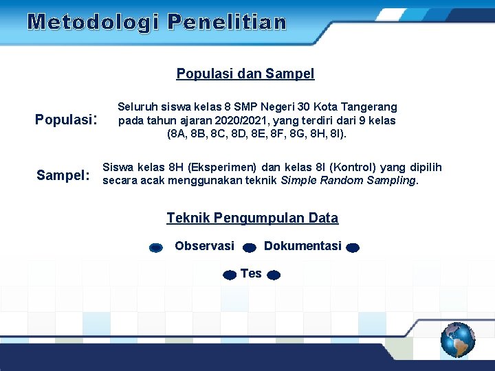 Metodologi Penelitian Populasi dan Sampel Populasi: Sampel: Seluruh siswa kelas 8 SMP Negeri 30