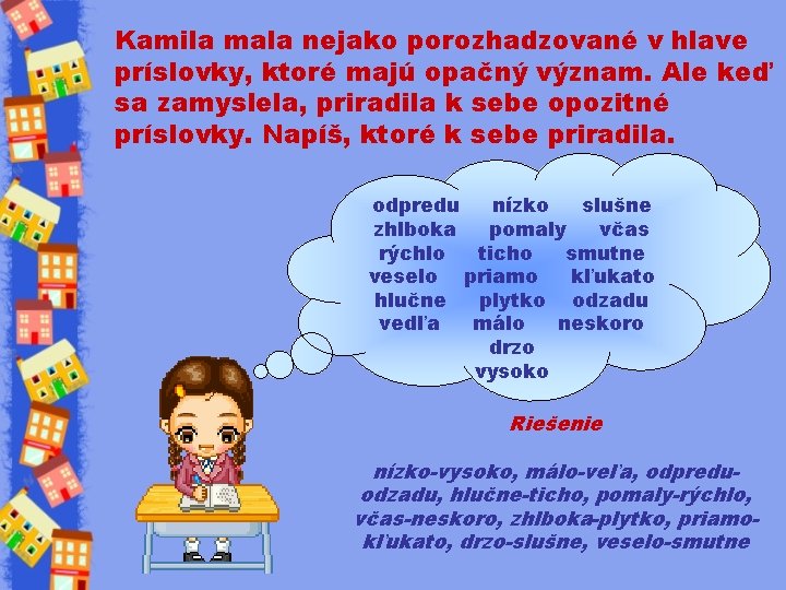 Kamila mala nejako porozhadzované v hlave príslovky, ktoré majú opačný význam. Ale keď sa