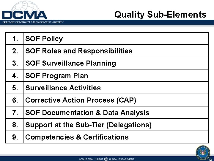 Quality Sub-Elements 1. SOF Policy 2. SOF Roles and Responsibilities 3. SOF Surveillance Planning