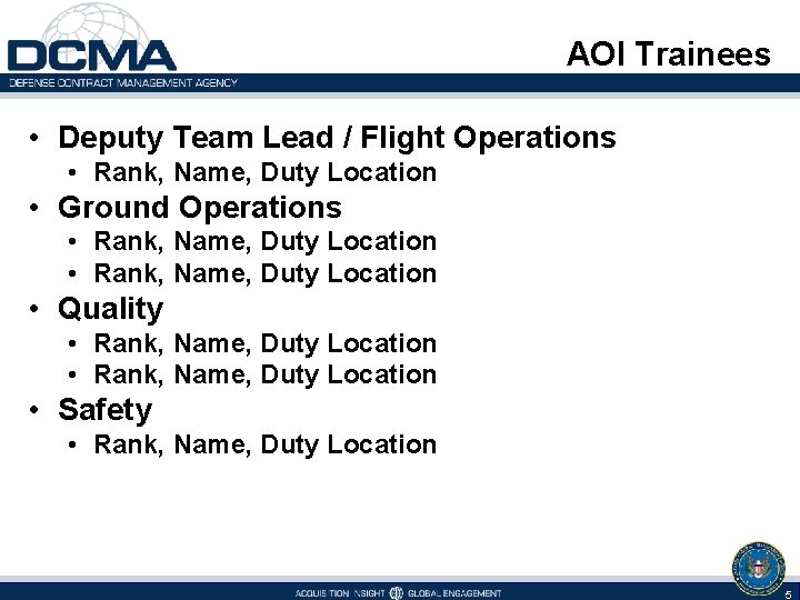 AOI Trainees • Deputy Team Lead / Flight Operations • Rank, Name, Duty Location