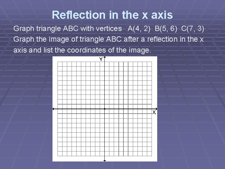 Reflection in the x axis Graph triangle ABC with vertices A(4, 2) B(5, 6)