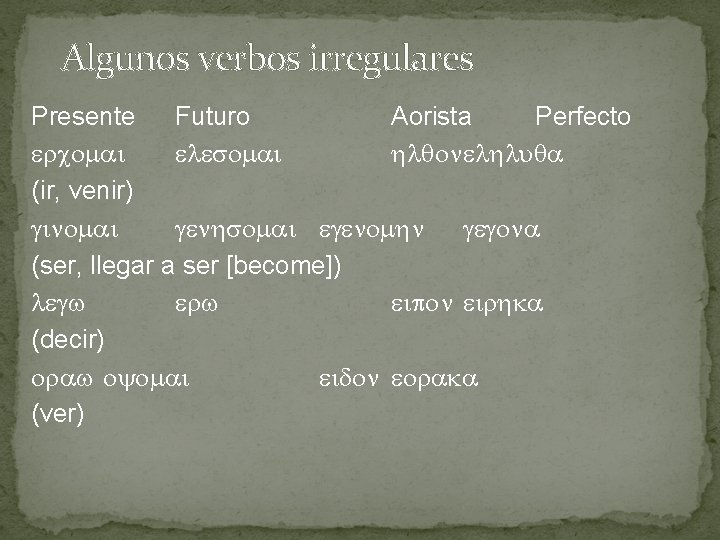 Algunos verbos irregulares Presente Futuro Aorista Perfecto (ir, venir) (ser, llegar a ser [become])