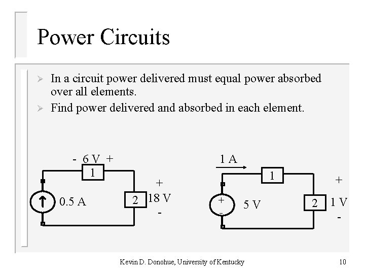 Power Circuits Ø Ø In a circuit power delivered must equal power absorbed over