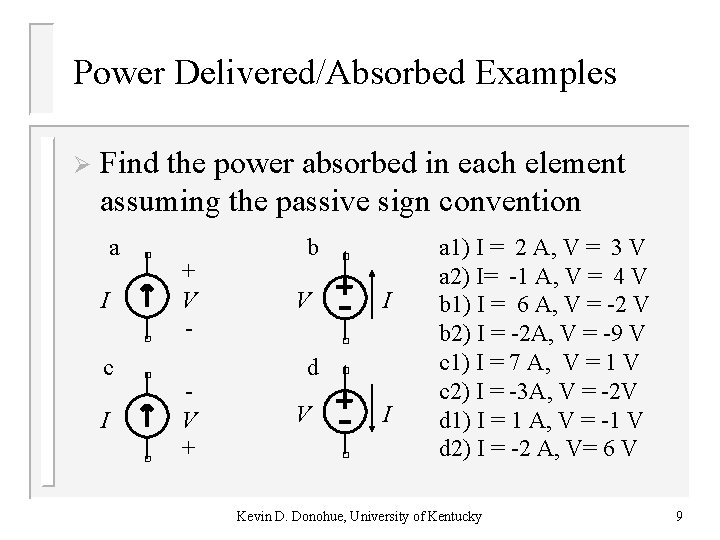 Power Delivered/Absorbed Examples Ø Find the power absorbed in each element assuming the passive