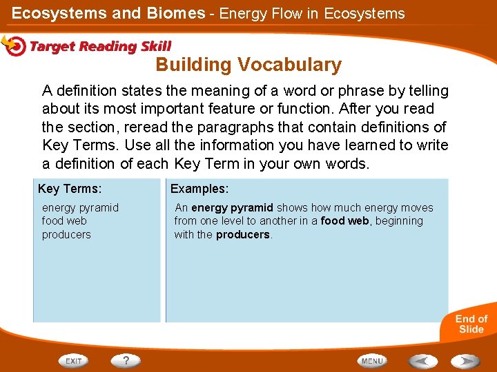 Ecosystems and Biomes - Energy Flow in Ecosystems Building Vocabulary A definition states the