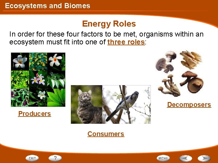 Ecosystems and Biomes Energy Roles In order for these four factors to be met,