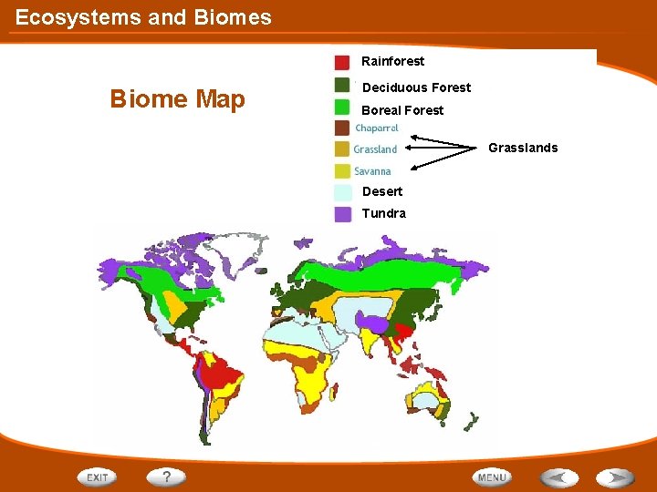 Ecosystems and Biomes Rainforest Biome Map Deciduous Forest Boreal Forest Grasslands Desert Tundra 