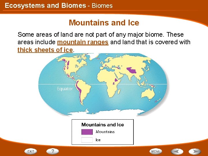 Ecosystems and Biomes - Biomes Mountains and Ice Some areas of land are not