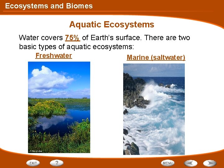 Ecosystems and Biomes Aquatic Ecosystems Water covers 75% of Earth’s surface. There are two