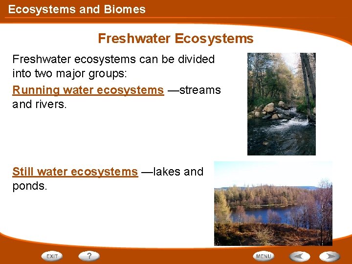 Ecosystems and Biomes Freshwater Ecosystems Freshwater ecosystems can be divided into two major groups: