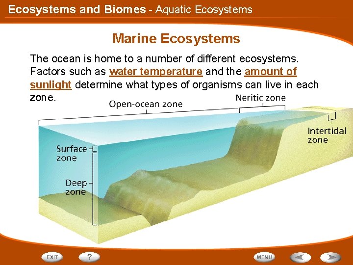 Ecosystems and Biomes - Aquatic Ecosystems Marine Ecosystems The ocean is home to a